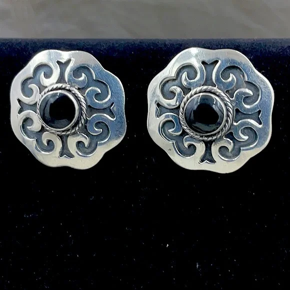 Vtg. Sterling Silver Onyx Clip On Earrings (925) Mexico - Picture 4 of 6